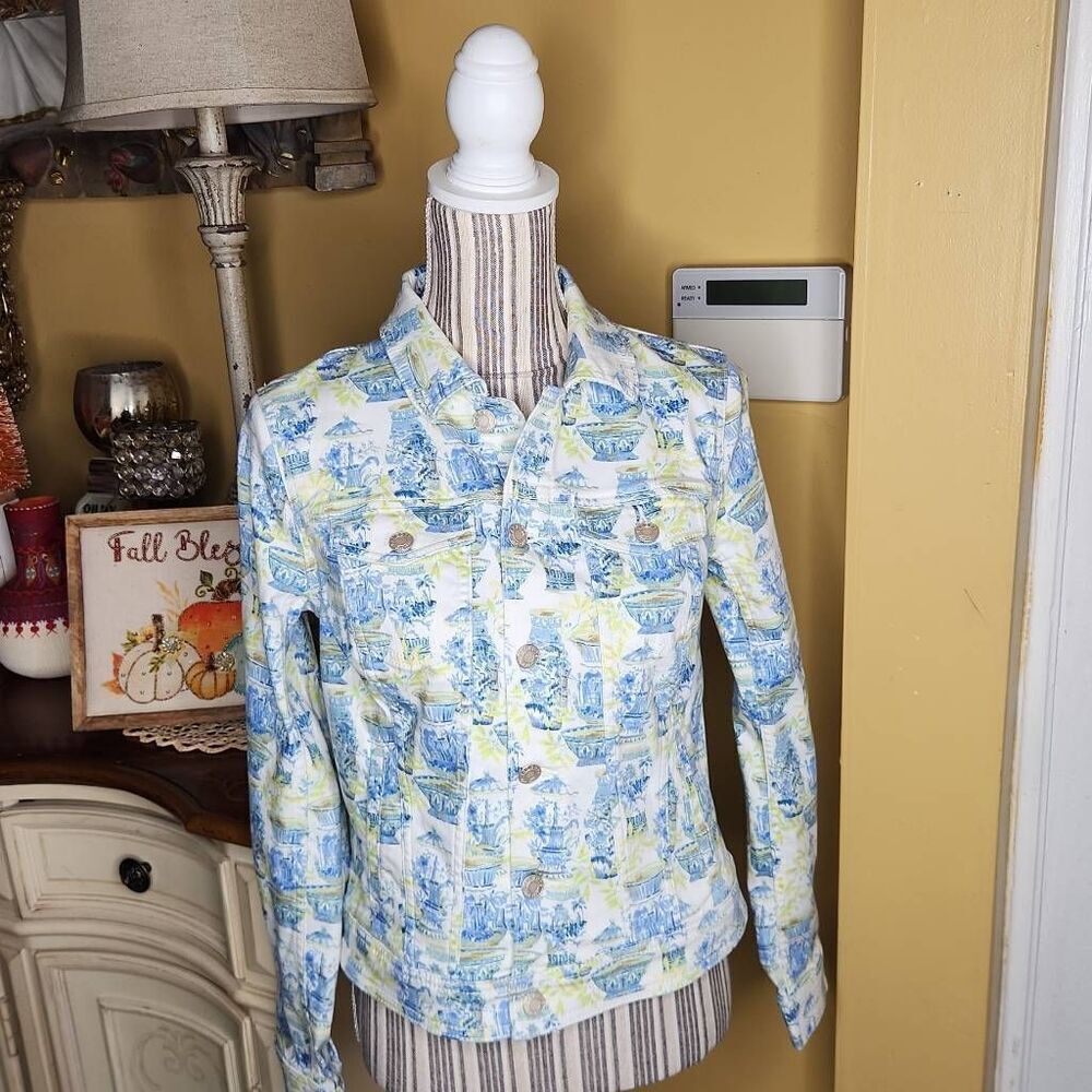 Talbots blue and yellow floral denim jacket women's size XS